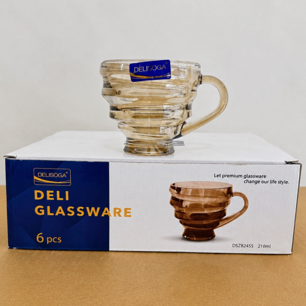 Delisoga Glassware 6 Pcs Rings Design Glass Tea Cup Set – Smoky Brown (210ml)