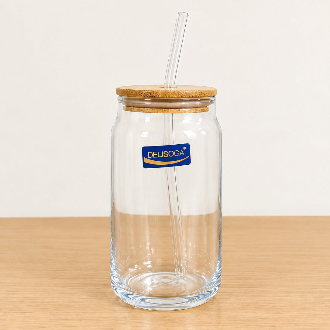 Lightweight Glass Sipper with Glass Straw & Wooden Lid