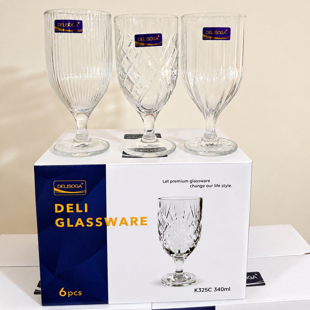 Deli Glassware 6 Pcs Medium Wine Glass Set – 340ml | 3 Textured Designs