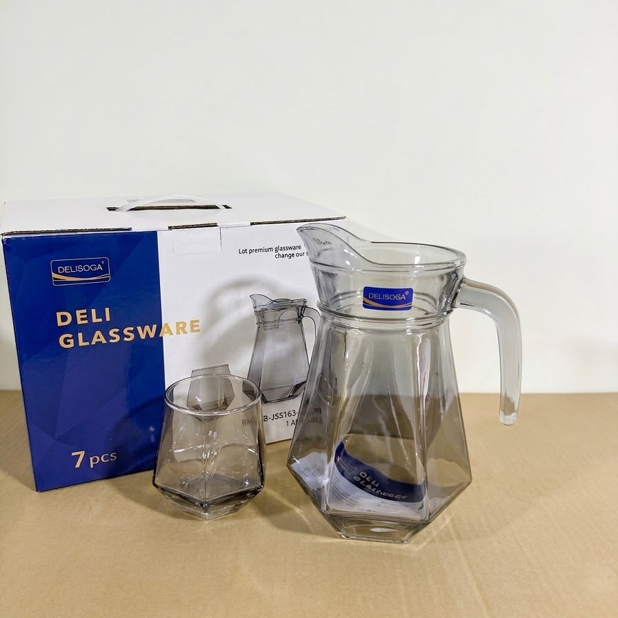 Deli Glassware 7 Pcs Black Diamond Water Set – 1 Jug with Lid & 6 Glasses