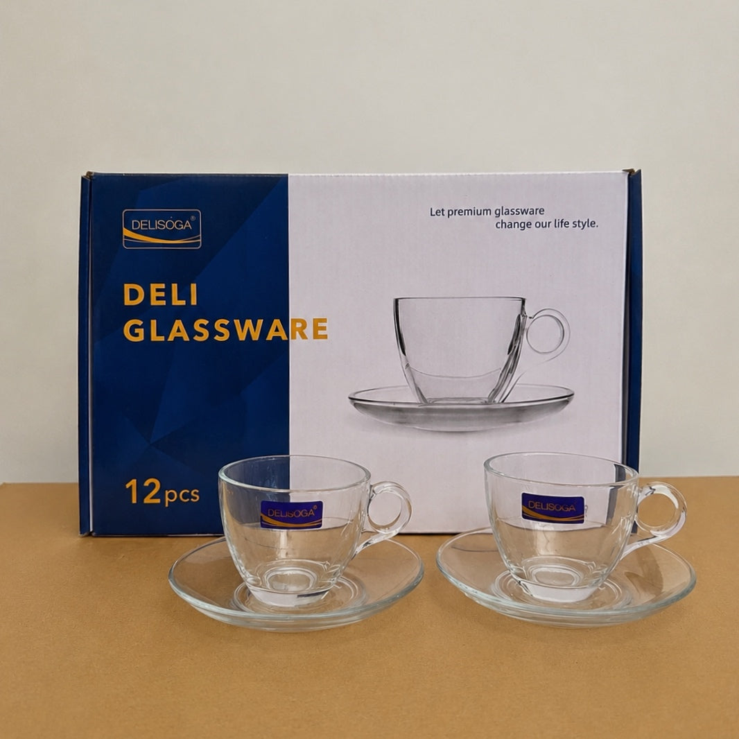 Delisoga Glassware 12 Pcs Cup & Saucer Set – 6 Cups & 6 Saucers (210ml)