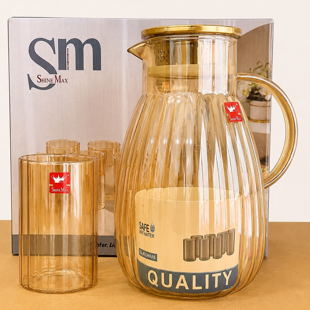 7 Pcs Borosilicate Glass Water Set – 1 Jug with Metal Lid & 6 Glasses