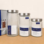 Delisoga Ribbed Designed Glass Storage Jars with Metal Lid – 3 Size Options (1.17L / 1.64L / 1.85L)
