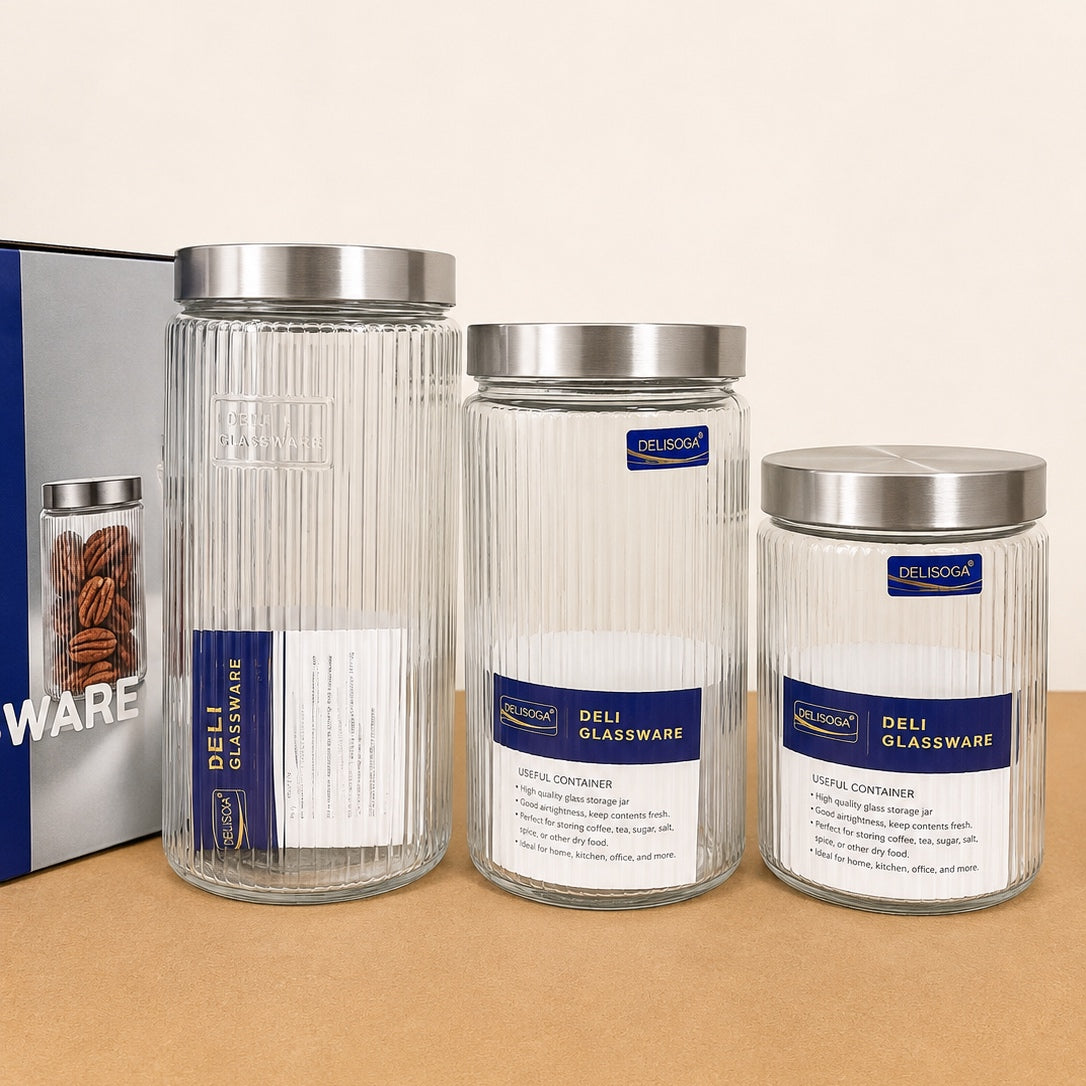 Delisoga Ribbed Designed Glass Storage Jars with Metal Lid – 3 Size Options (1.17L / 1.64L / 1.85L)