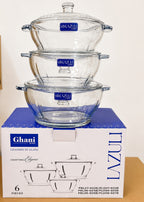 Lazuli Glassware 3 Pcs Glass Bowl Set with Glass Lids – Small, Medium & Large