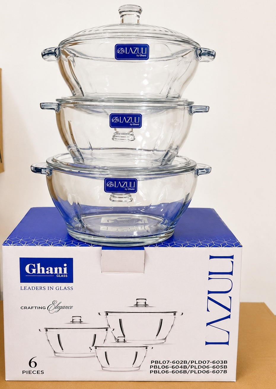 Lazuli Glassware 3 Pcs Glass Bowl Set with Glass Lids – Small, Medium & Large