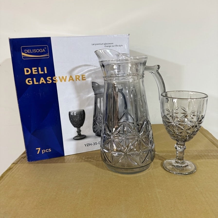 Delisoga 7 Pcs Black Wine Glass Water Set – 1 Jug & 6 Wine Glasses