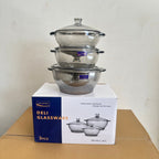 Delisoga 3 Pcs Black Glass Casserole (Donga) Set with Glass Lids