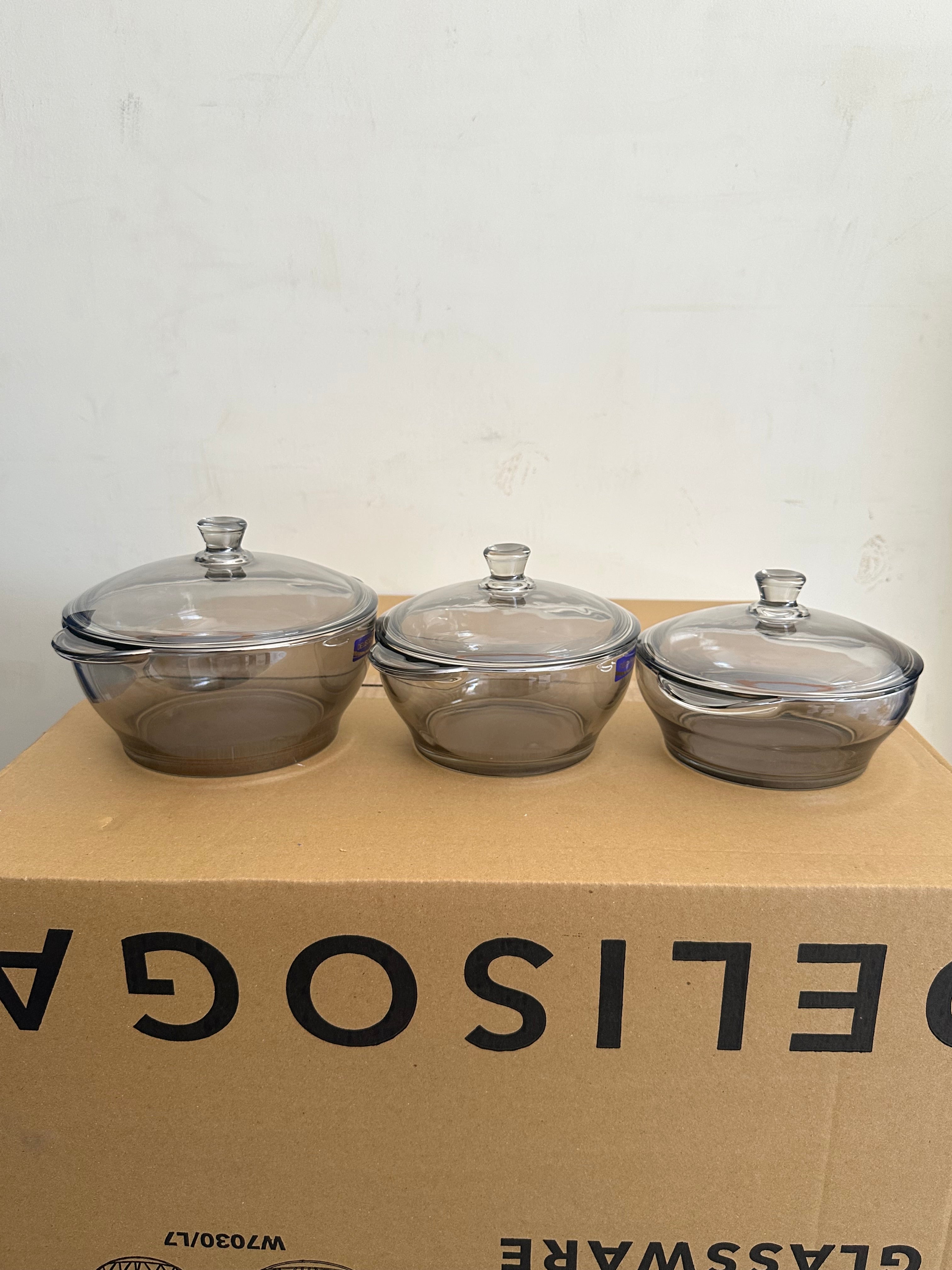 Delisoga 3 Pcs Black Glass Casserole (Donga) Set with Glass Lids