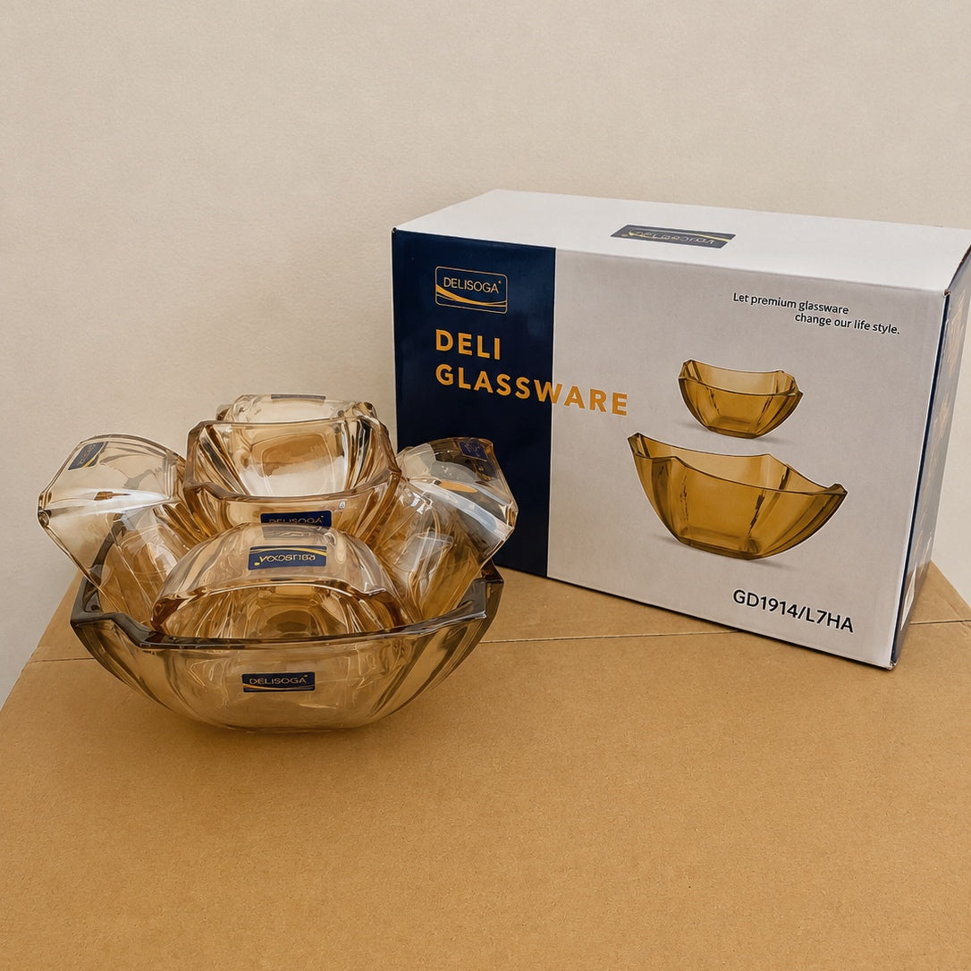 Delisoga Glassware 7 Pcs Square Glass Fruit & Dessert Set