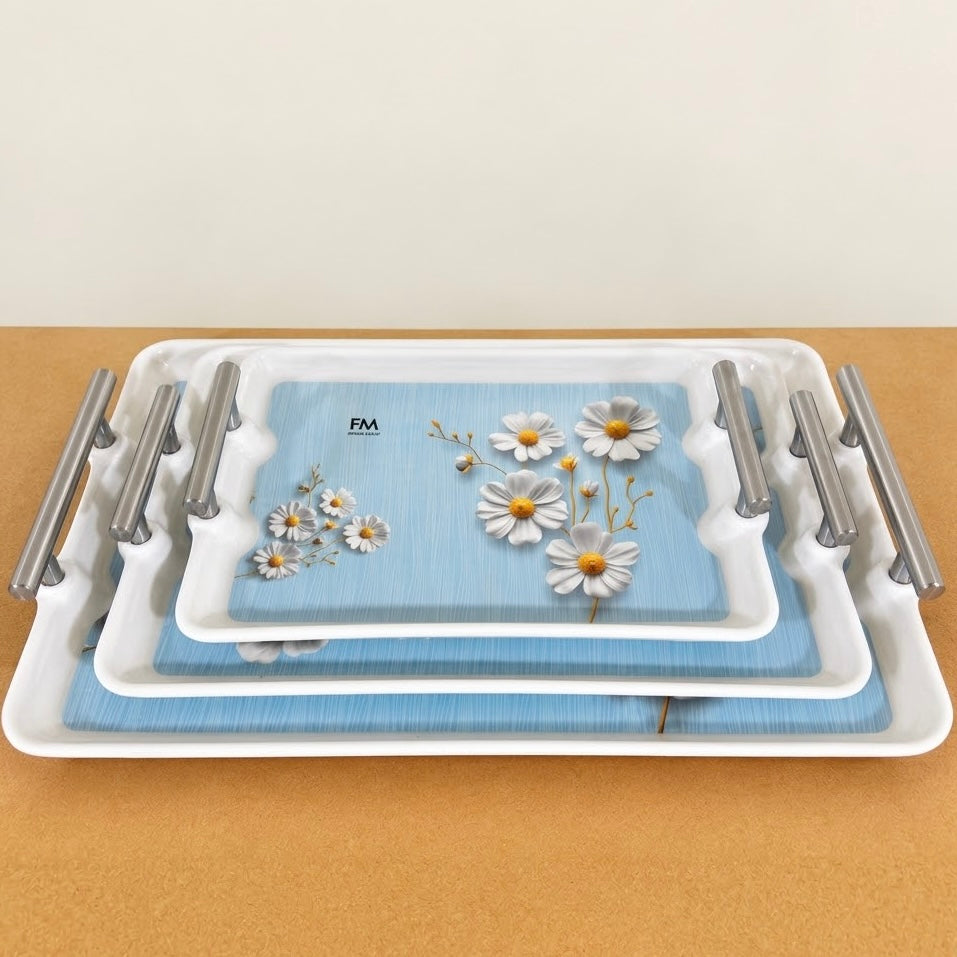 3 Pcs Melamine Serving Tray Set with Stainless Steel Handles – 11”, 13” & 16”