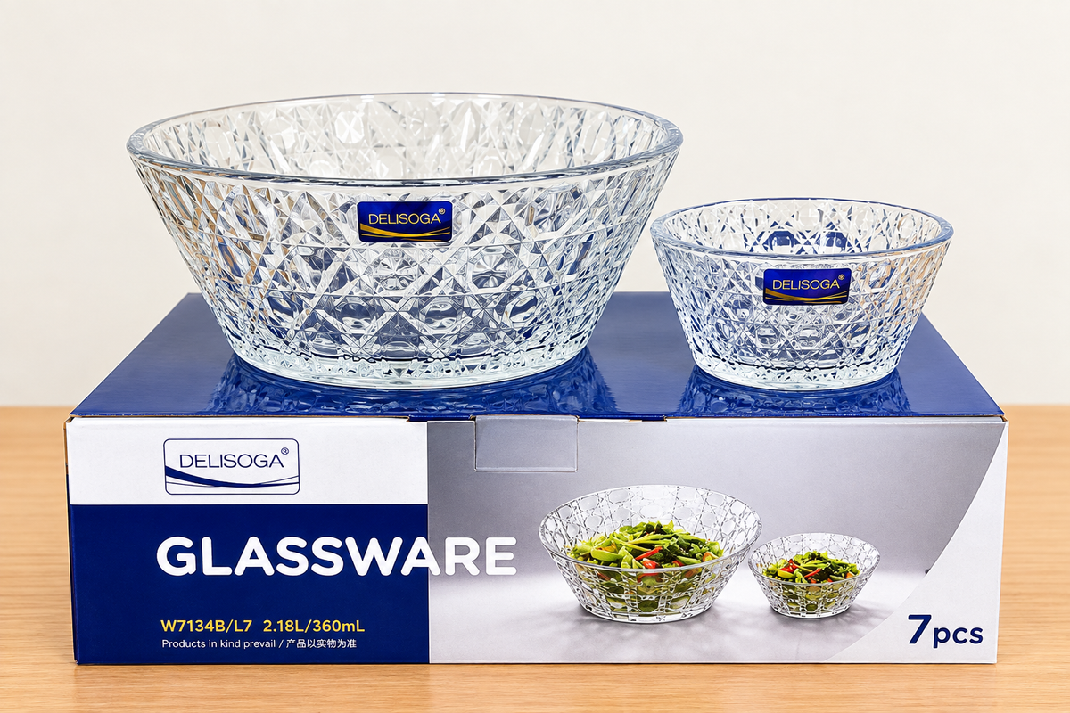 Deli Glassware 7 Pcs Fruit Bowl Set – 1 Large & 6 Small Bowls | 3 Designs