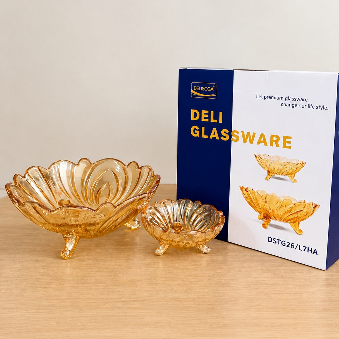7 Pcs Golden Glass Fruit & Trifle Bowl Set – Foot Cut Design