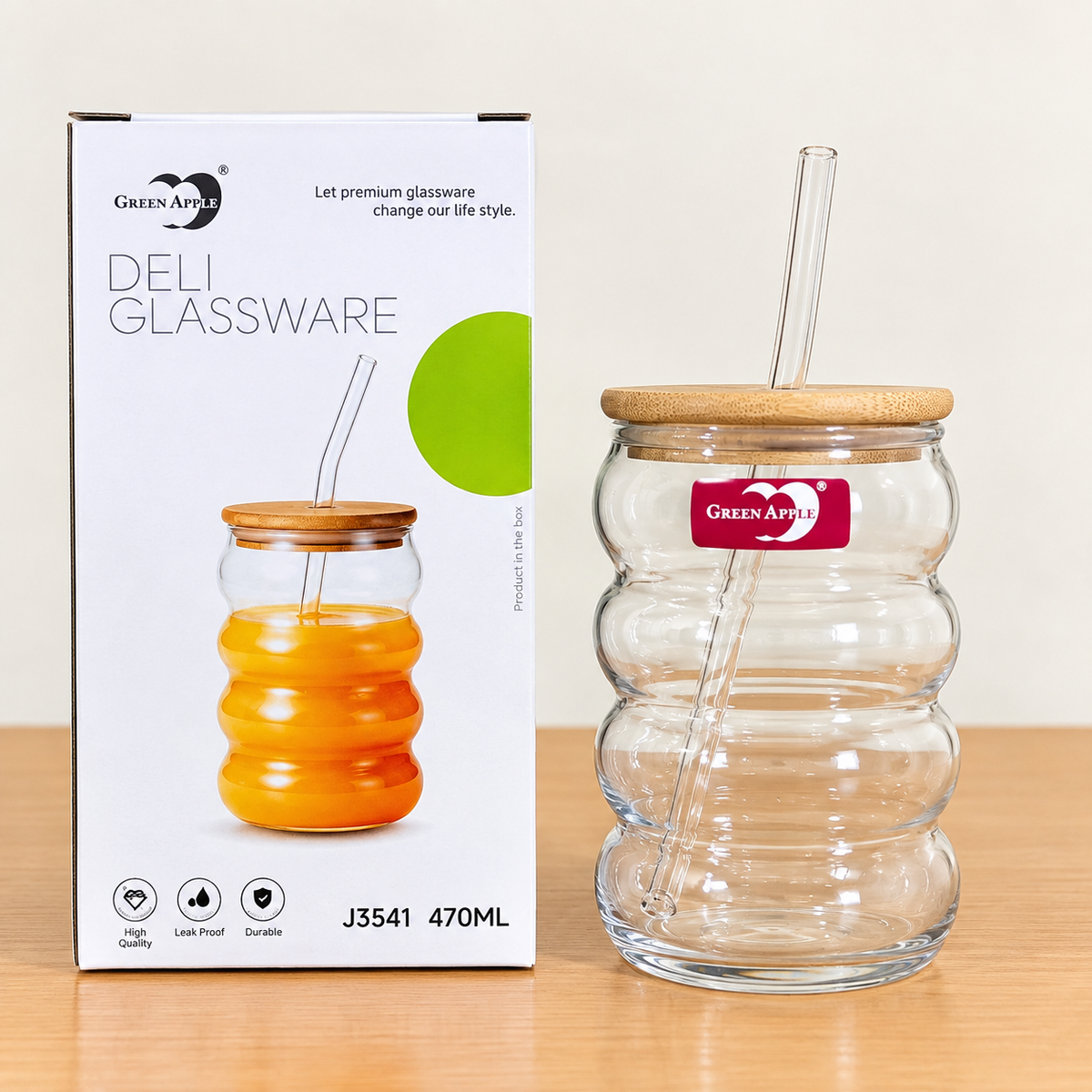 Green Apple Deli Glassware 470ml Glass Sipper – Wooden Lid & Glass Straw