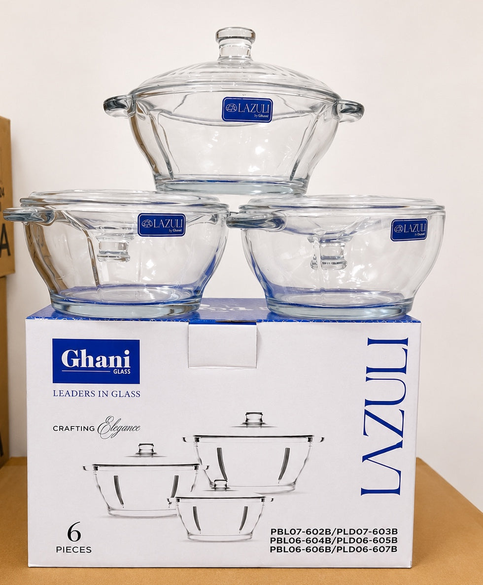 Lazuli Glassware 3 Pcs Glass Bowl Set with Glass Lids – Small, Medium & Large