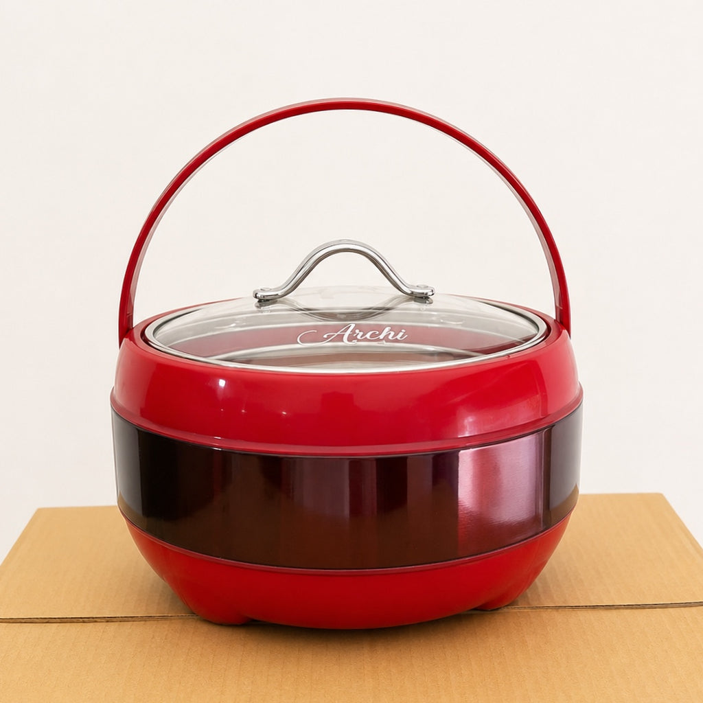 Large Insulated Hotpot with Glass Lid – Brown & Red