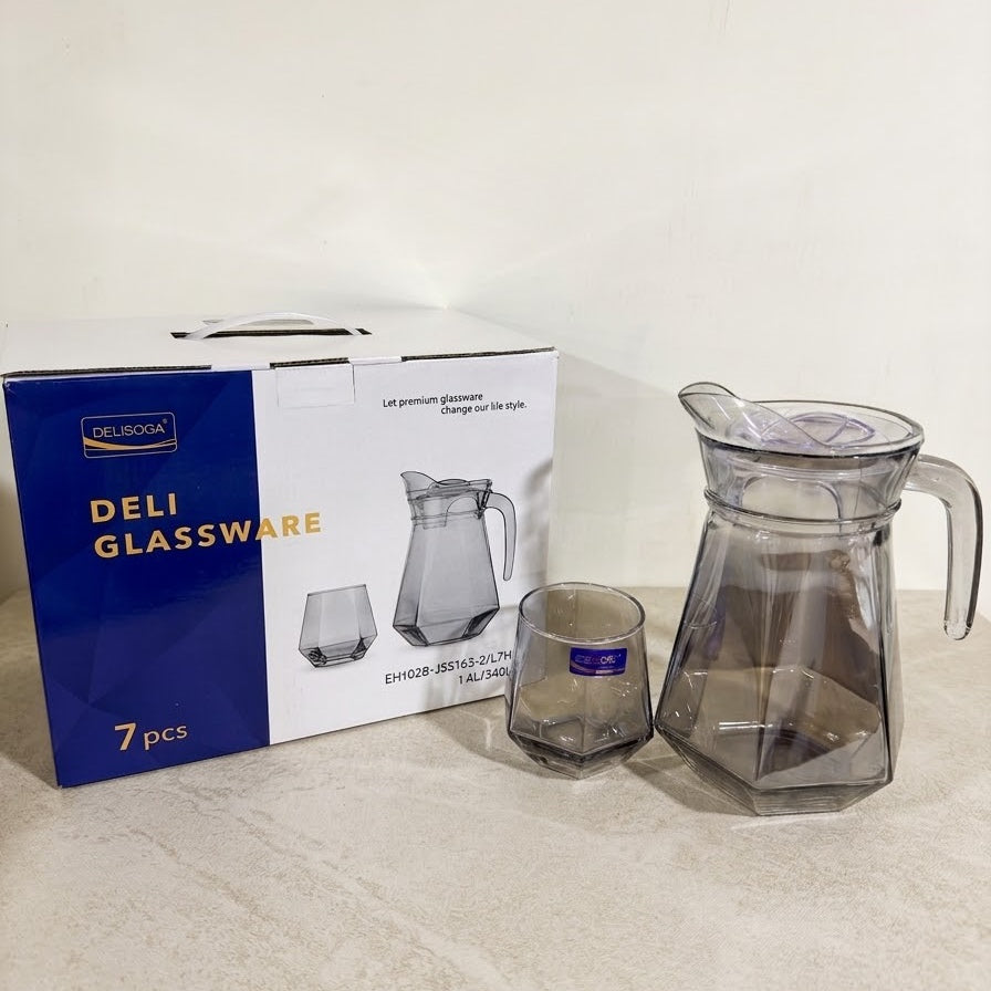Deli Glassware 7 Pcs Black Diamond Water Set – 1 Jug with Lid & 6 Glasses
