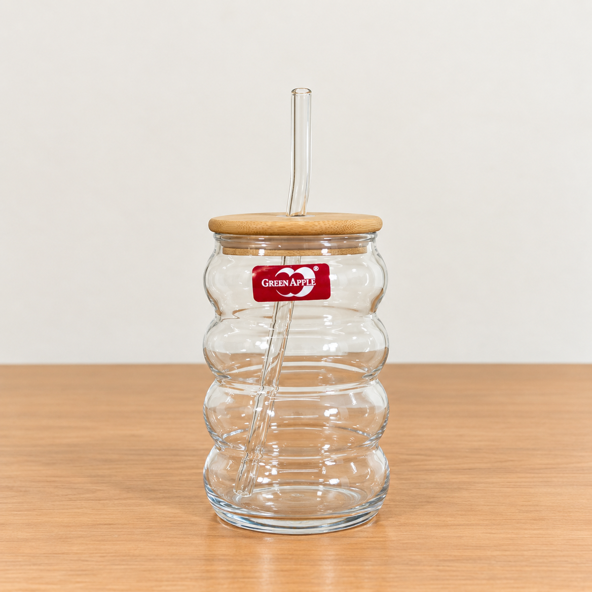 Green Apple Deli Glassware 470ml Glass Sipper – Wooden Lid & Glass Straw
