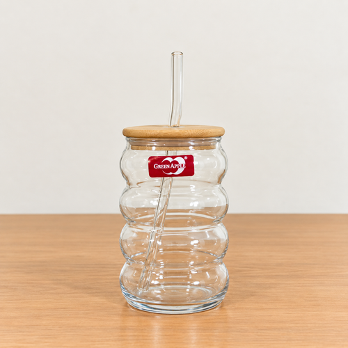 Green Apple Deli Glassware 470ml Glass Sipper – Wooden Lid & Glass Straw