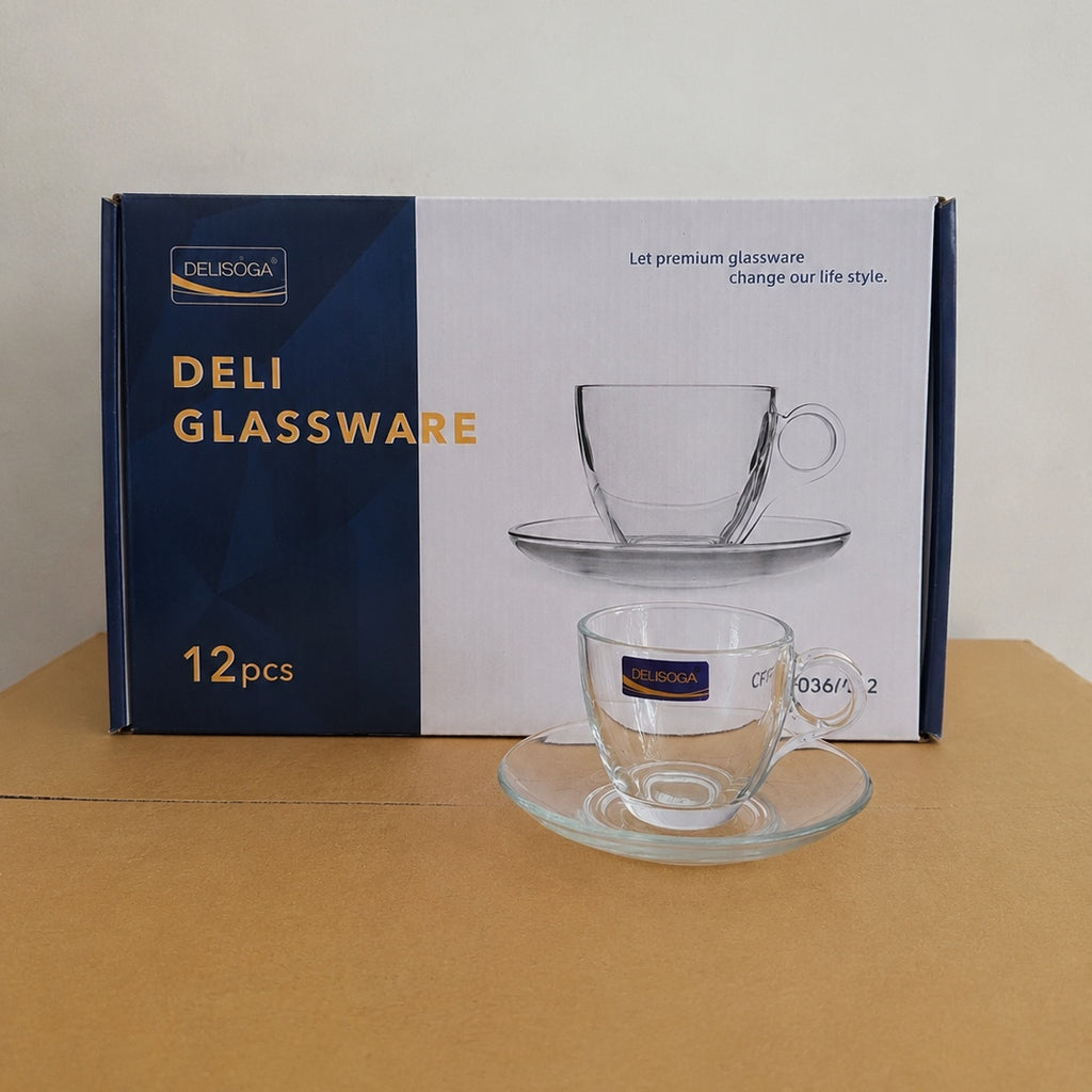 Delisoga Glassware 12 Pcs Cup & Saucer Set – 6 Cups & 6 Saucers (210ml)