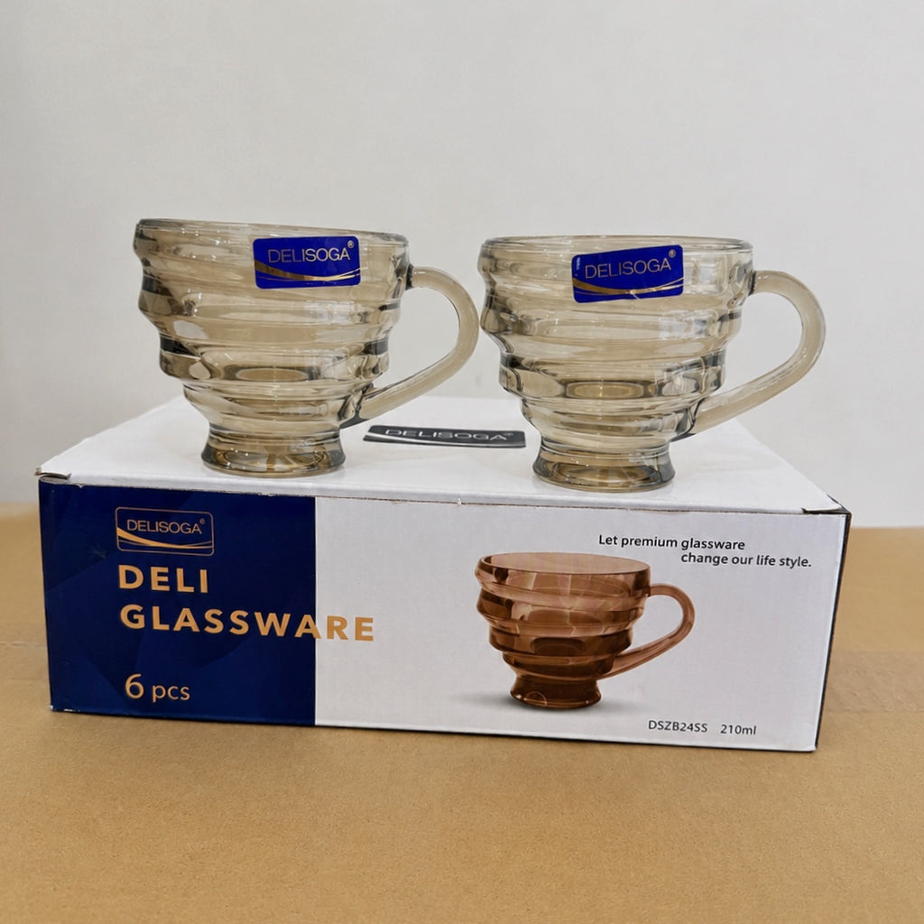 Delisoga Glassware 6 Pcs Rings Design Glass Tea Cup Set – Smoky Brown (210ml)