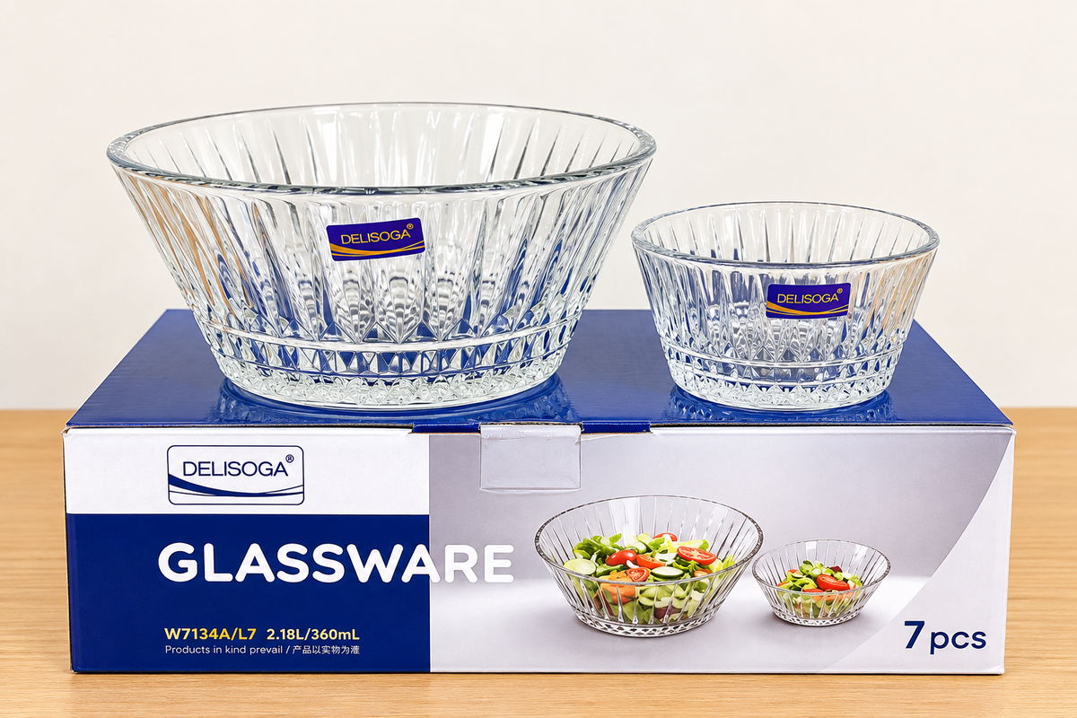 Deli Glassware 7 Pcs Fruit Bowl Set – 1 Large & 6 Small Bowls | 3 Designs