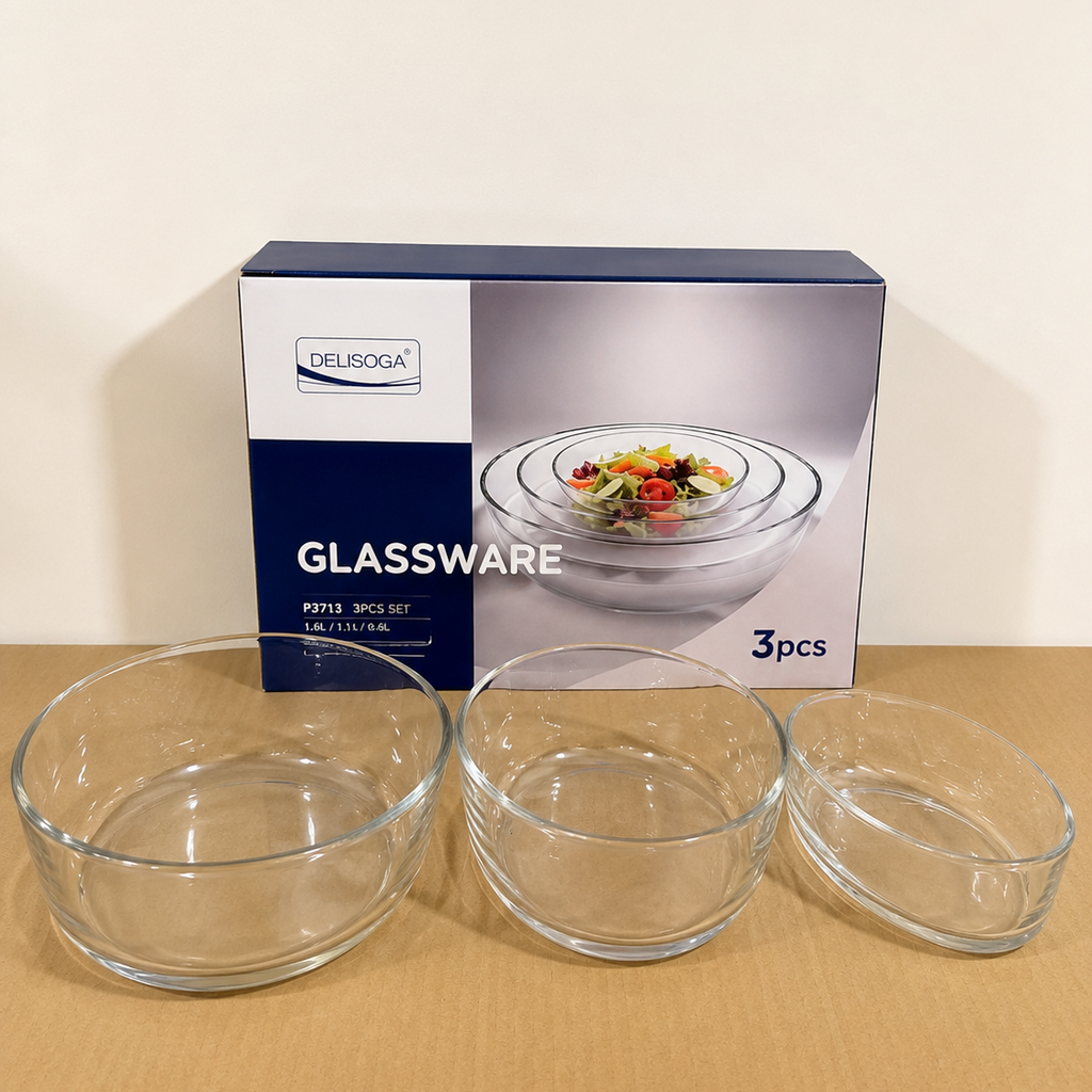 Delisoga Glassware 3 Pcs Oval Glass Bowl Set – Small, Medium & Large