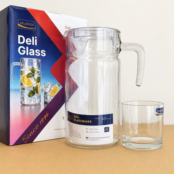 Delisoga 7 Pcs Glass Water Set – 1.85L Jug with 6 Glasses (340ml)
