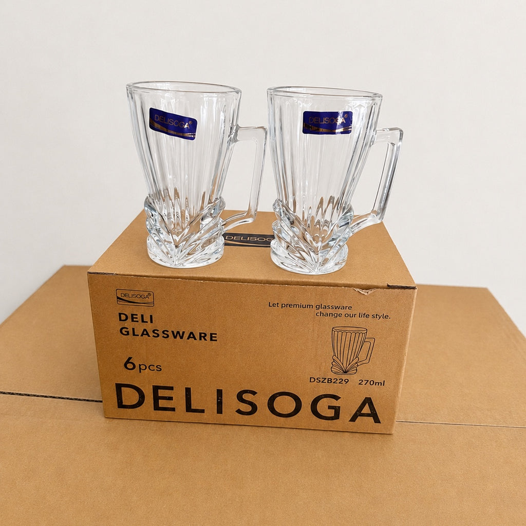 Delisoga Premium Glass Mug Set – 6 Pieces (270ml)