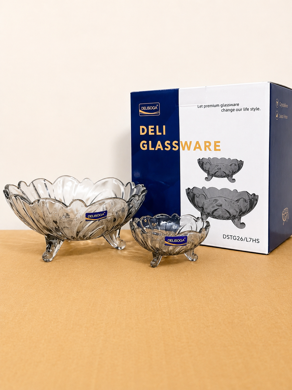 Delisoga 7 Pcs Glass Fruit Bowl Set with Stand – Smoke Grey Glass Serving Set