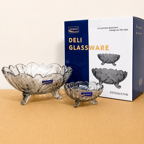 Delisoga 7 Pcs Glass Fruit Bowl Set with Stand – Smoke Grey Glass Serving Set