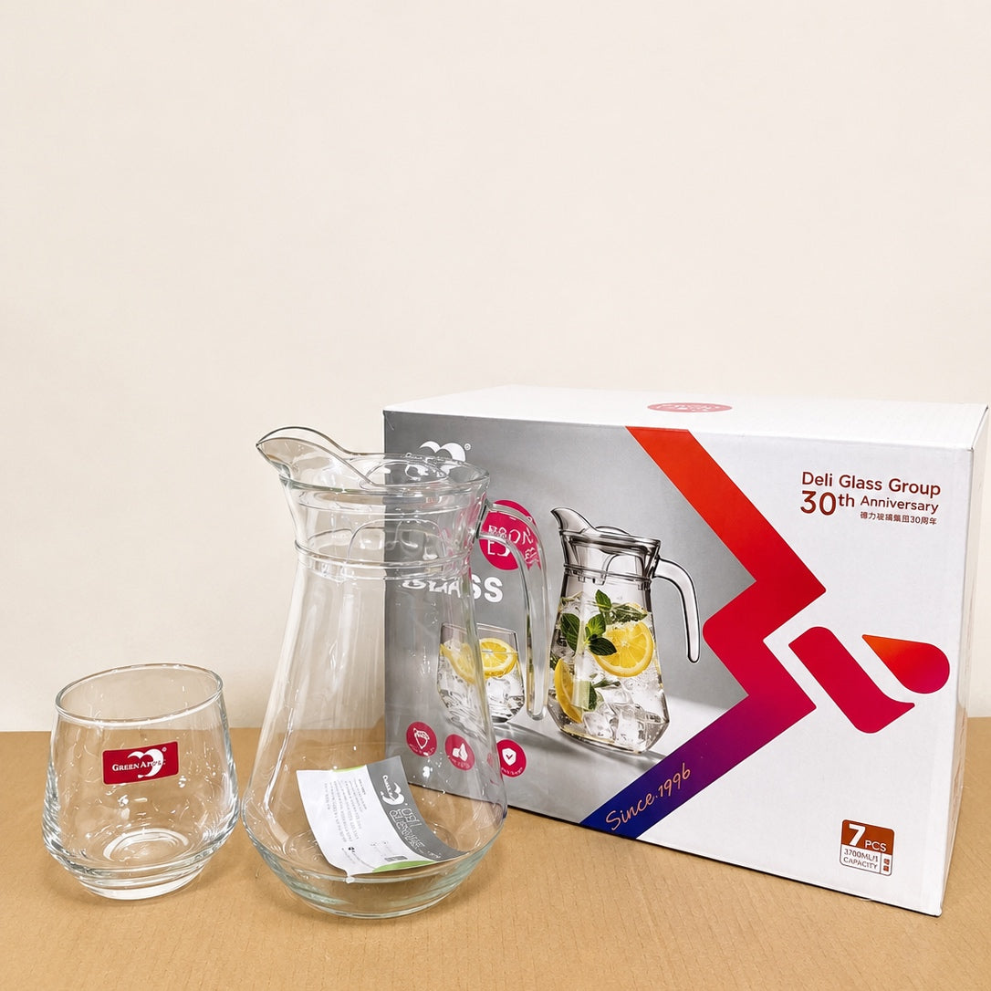 Deli Glassware 7 Pcs Glass Water Set – 1.3L Jug & 6 Glasses 370ml