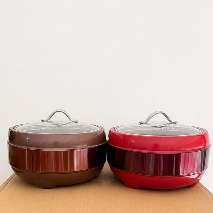 Large Insulated Hotpot with Glass Lid – Brown & Red
