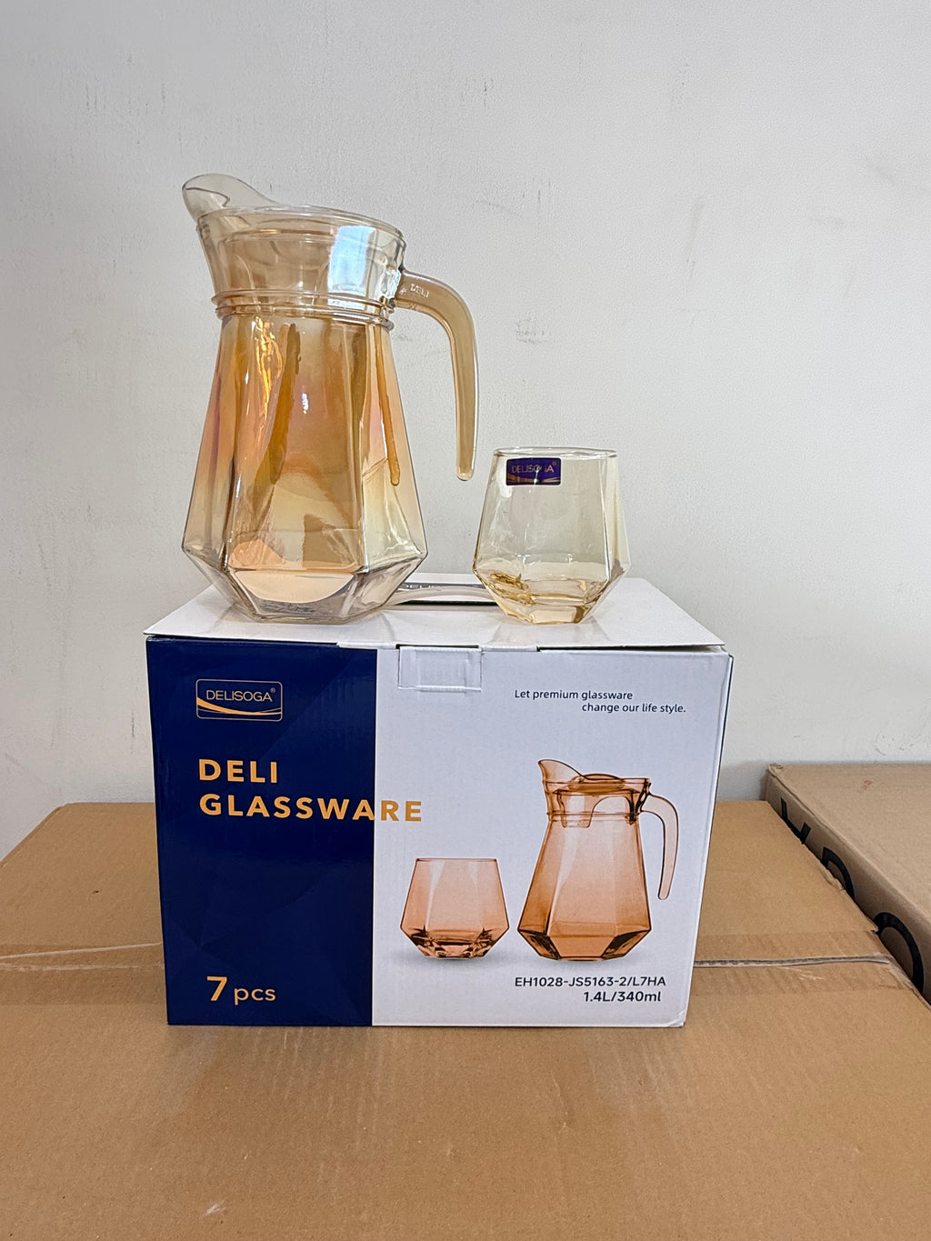 Delisoga Glassware 7 Pcs Golden Diamond Glass Water Set – 1 Jug & 6 Glasses