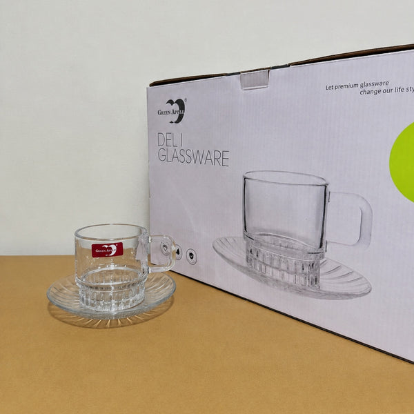 Deli Glassware 12 Pcs Glass Cup & Saucer Set – 6 Wide Handle Cups & 6 Saucers
