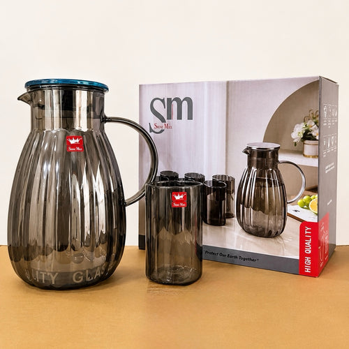 7 Pcs Borosilicate Glass Water Set – 1 Jug with Metal Lid & 6 Glasses