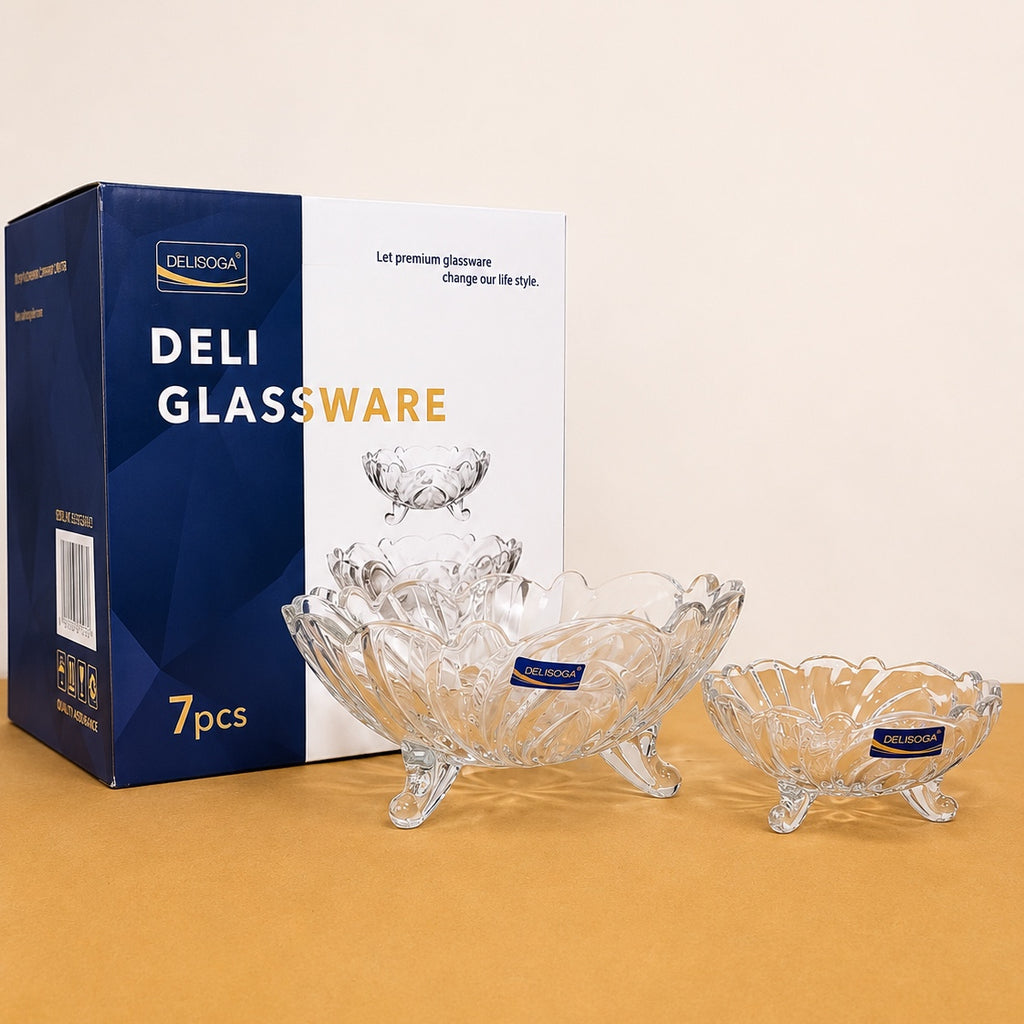 Delisoga 7 Pcs Glass Fruit Bowl Set with Stand – 1 Large Bowl & 6 Small Bowls