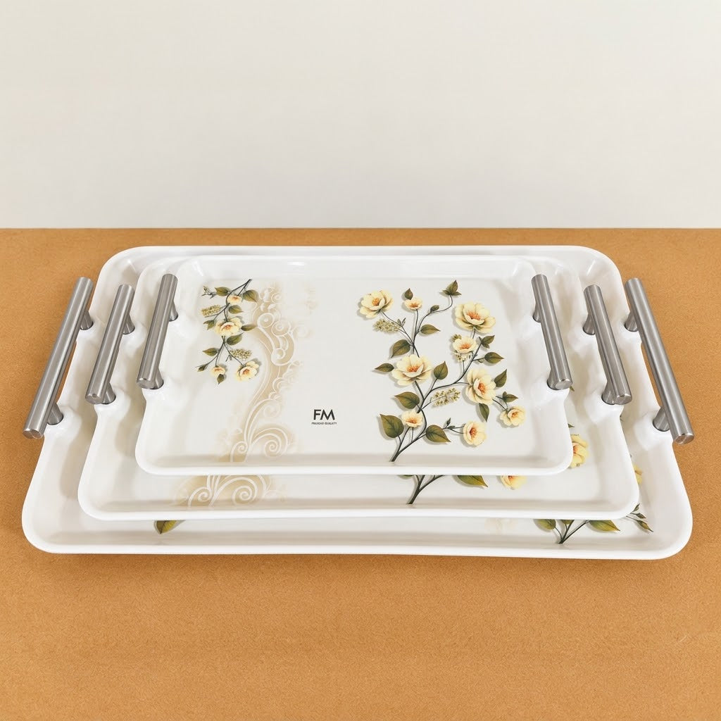 3 Pcs Melamine Serving Tray Set with Stainless Steel Handles – 11”, 13” & 16”