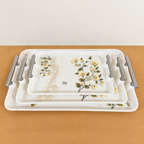 3 Pcs Melamine Serving Tray Set with Stainless Steel Handles – 11”, 13” & 16”