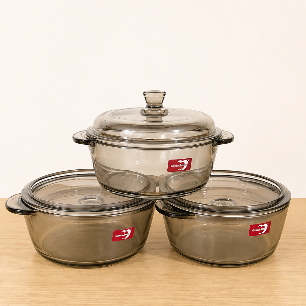 Deli Glassware 3 Pcs Black Glass Bowl Set with Lids – 850ml, 1000ml & 1260ml