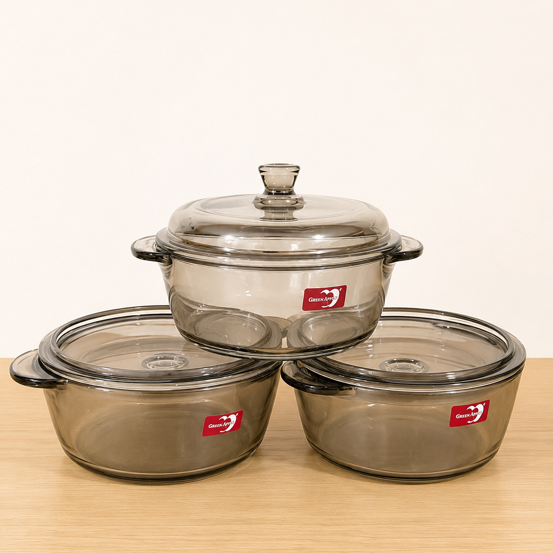 Deli Glassware 3 Pcs Black Glass Bowl Set with Lids – 850ml, 1000ml & 1260ml