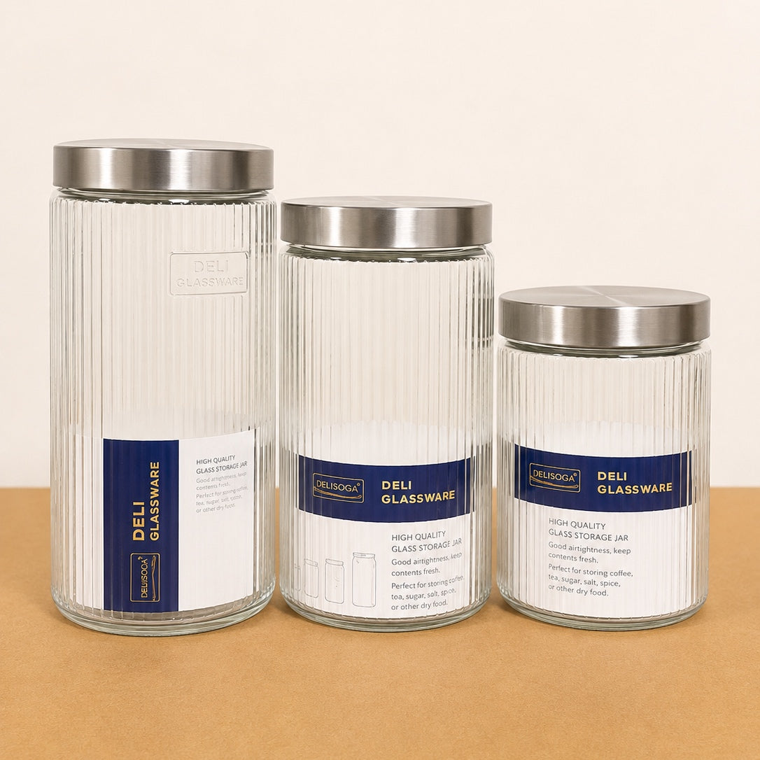 Delisoga Ribbed Designed Glass Storage Jars with Metal Lid – 3 Size Options (1.17L / 1.64L / 1.85L)