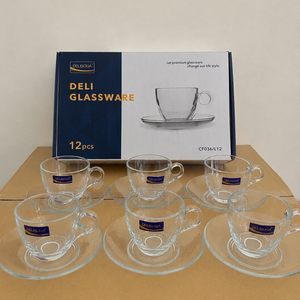 Delisoga Glassware 12 Pcs Cup & Saucer Set – 6 Cups & 6 Saucers (210ml)