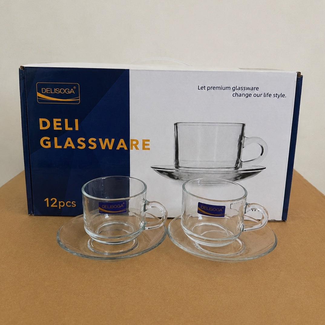 Delisoga Glassware 12 Pcs Cup & Saucer Set – 6 Cups & 6 Saucers (210ml)