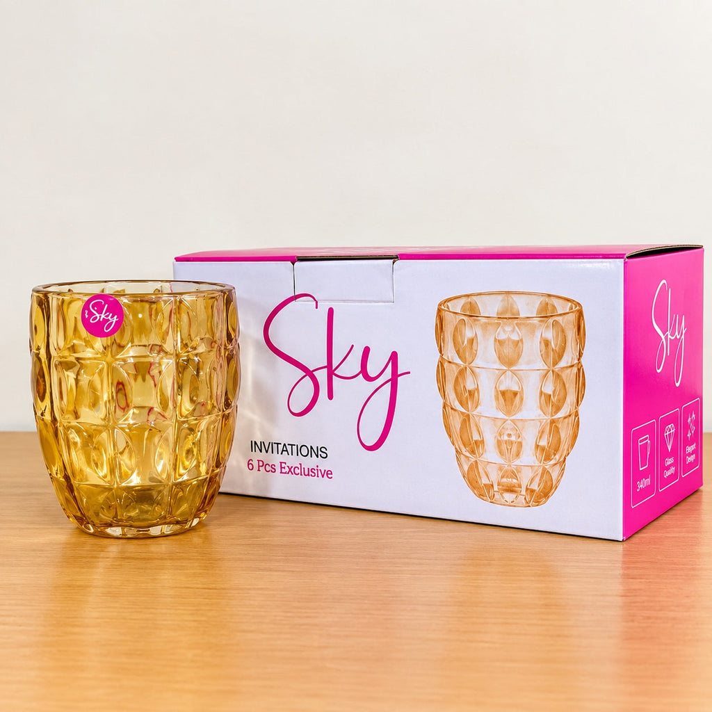 Sky Glassware 6 Pcs Dimple Golden Glass Set – 320ml