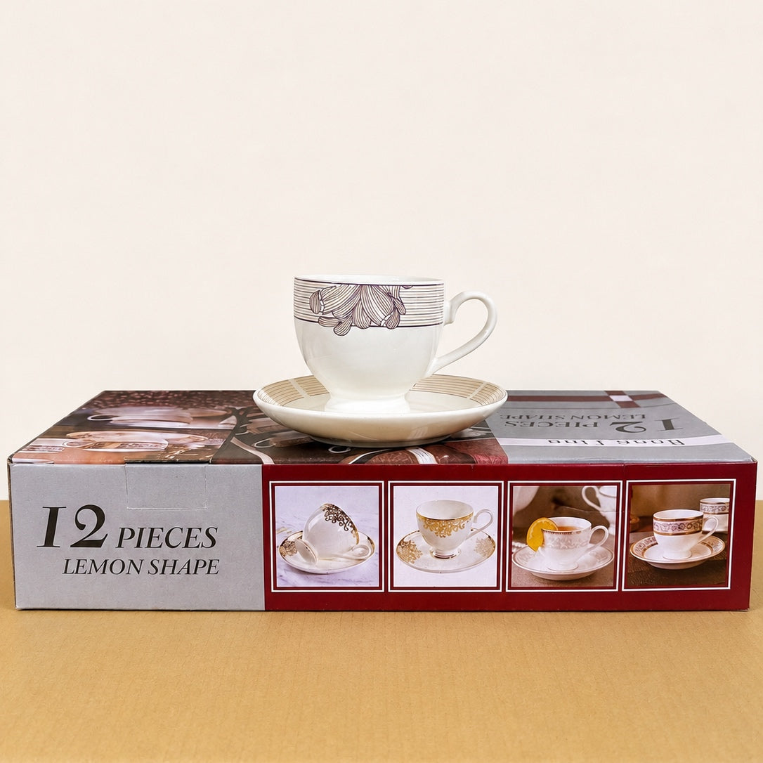 12 Pcs Semi Bone Ceramic Cup & Saucer Set – 6 Cups & 6 Saucers