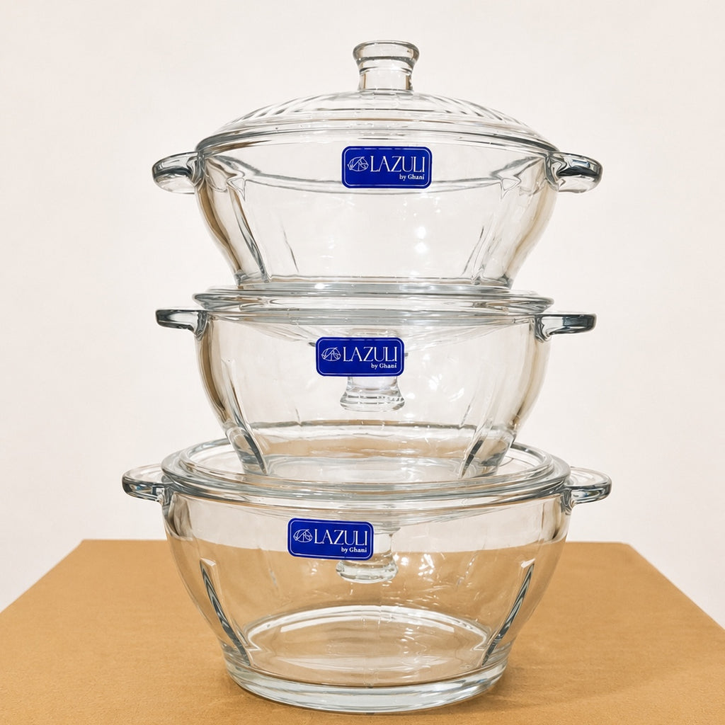 Lazuli Glassware 3 Pcs Glass Bowl Set with Glass Lids – Small, Medium & Large