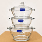 Lazuli Glassware 3 Pcs Glass Bowl Set with Glass Lids – Small, Medium & Large
