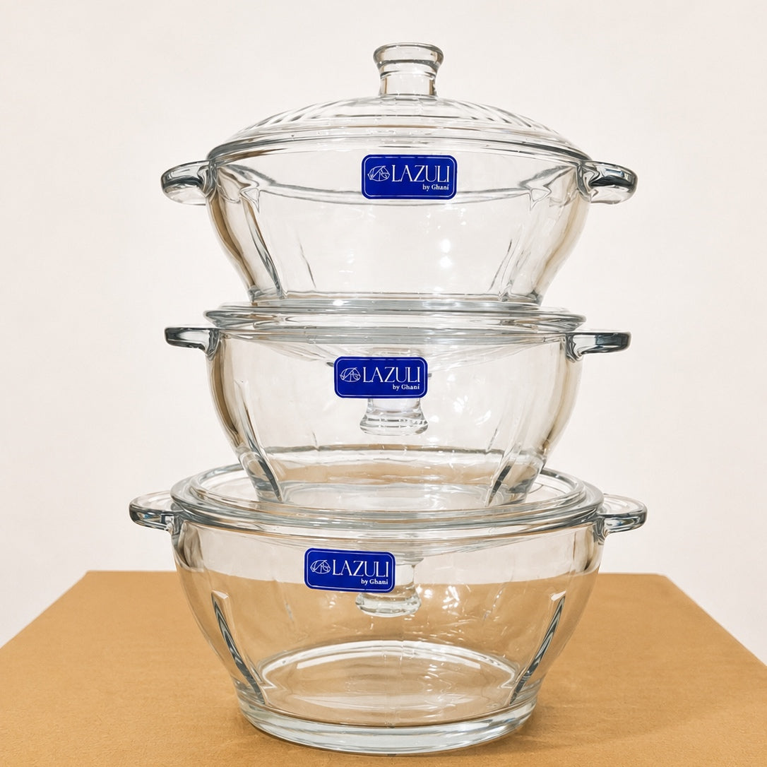 Lazuli Glassware 3 Pcs Glass Bowl Set with Glass Lids – Small, Medium & Large