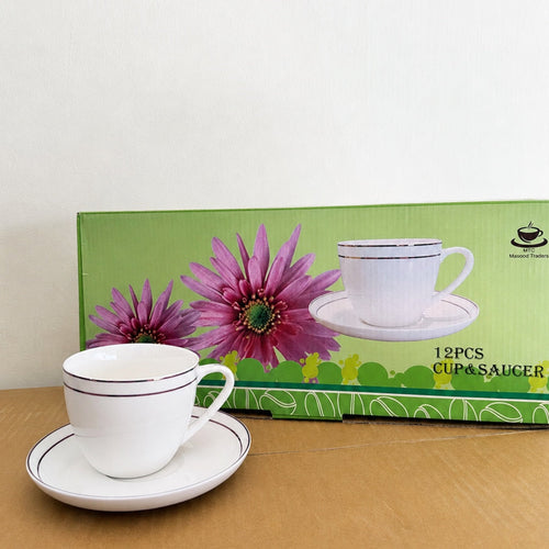 Imported 12 Pcs Bone China Tea Cup & Saucer Set – White with Black Border
